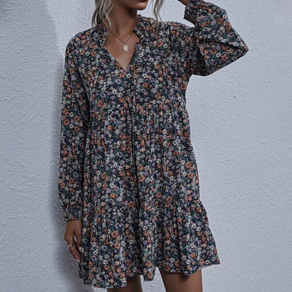 Boho Floral Print Ruffle Babydoll Mini Dress - Picture 5 of 8